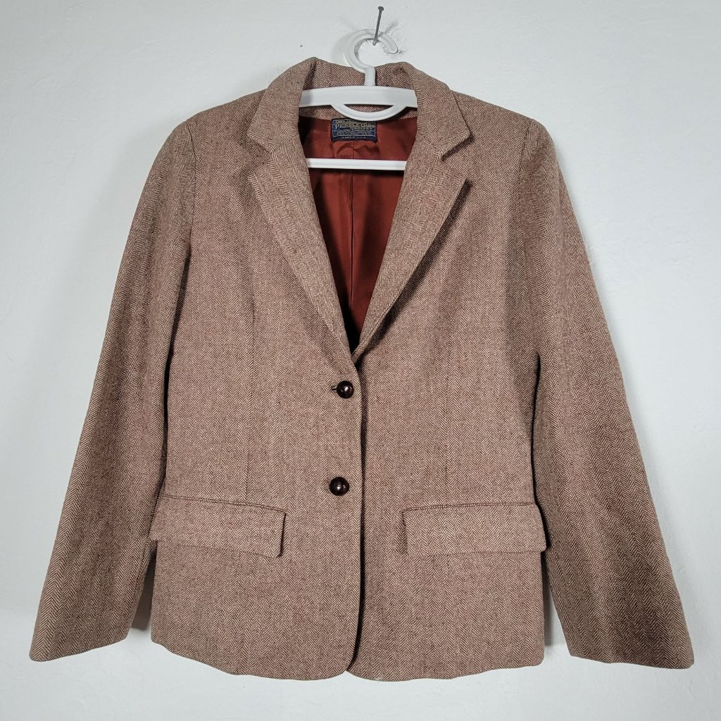 Pendleton Womens Wool Blazer Jacket Herringbone Pattern Brown Two-Button Usa